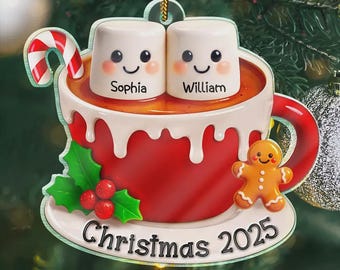 Marshmallow Christmas Hot Cocoa Couple New Married Family - Personalized Custom Shaped Acrylic Ornament