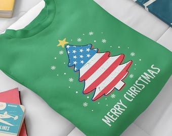 Patriotic Merry Christmas | American Flag Christmas Tree | Unisex Crewneck Sweatshirts