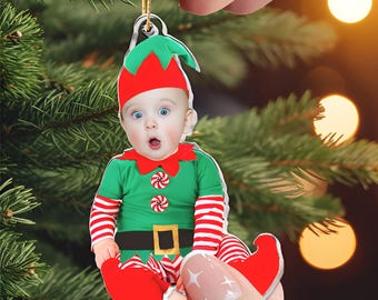 Entzückende Neugeborenen Baby Elfe - Personalisierte Babys Foto erste Weihnachtsverzierung