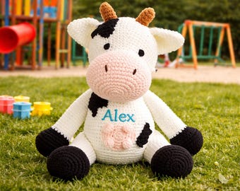 Personalized Crochet Cow Plush Toy, Handmade Keepsake Cow Doll With Custom Name, Gift For Baby Kids Toddler, Birthday Baby Shower Gift