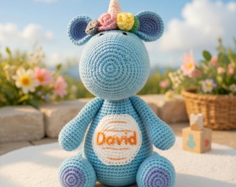 Personalized Crochet Blue Dragon Plush Toy, Handmade Crochet Custom Name, Gift For Baby Kids Toddler Boy Girl, Birthday Baby Keepsake Gift