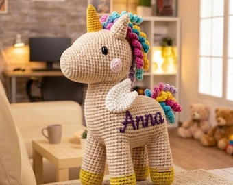 Personalized Crochet Unicorn Plush Toy With Wing, Handmade Unicorn Doll Custom Name, Gift For Baby Kids Toddler Girl, Birthday Keepsake Gift