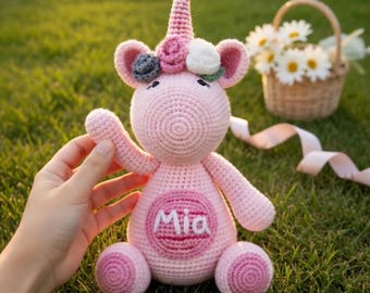 Personalized Crochet Pink Dragon Plush Toy, Handmad Doll Custom Name, Cute Gift For Baby Kids Toddler Girl, Birthday Baby Shower Gift