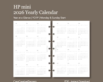 HP mini 2026 Yearly Calendar Printable One Page Year at a Glance Planner Insert