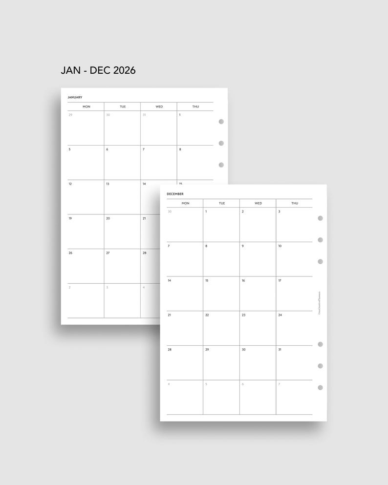A5 2026 Monthly Planner Insert Printable Month at a Glance Layout ...