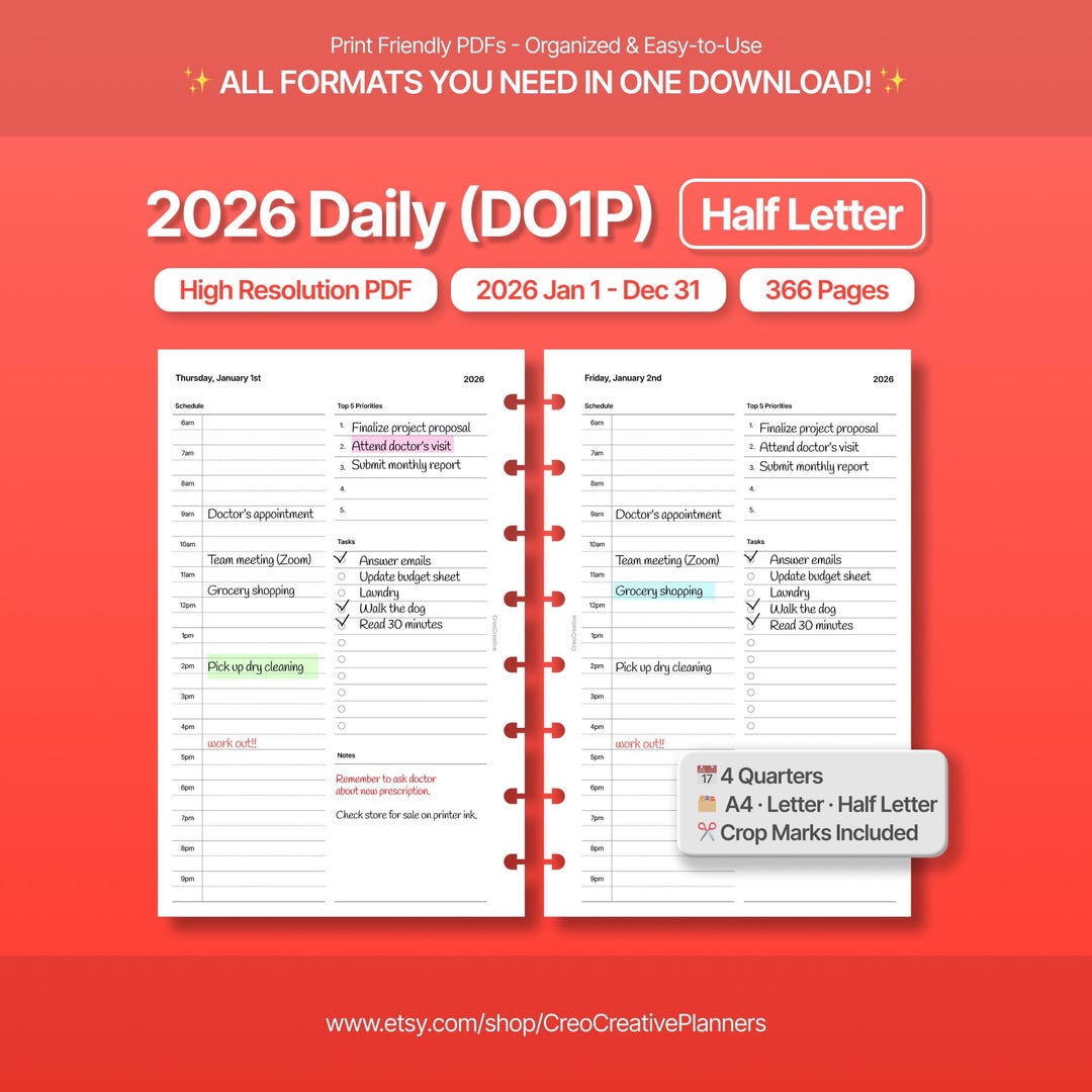 2026 Minimalist Daily Planner Insert: Half Letter Printable, Timed ...