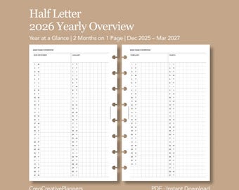 Resumen anual de 2026 (media carta) Dos meses por página Imprimible Año de un vistazo