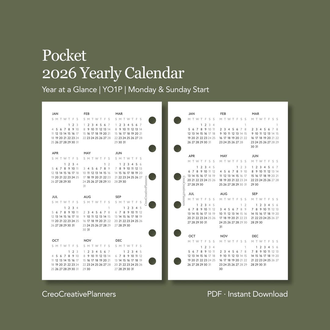 Pocket 2026 Yearly Calendar Printable One Page Year at a Glance Planner ...
