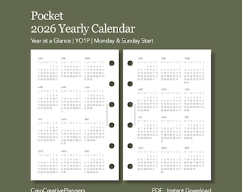 Calendario anual de bolsillo 2026 imprimible de una página con vista general del año (PDF)