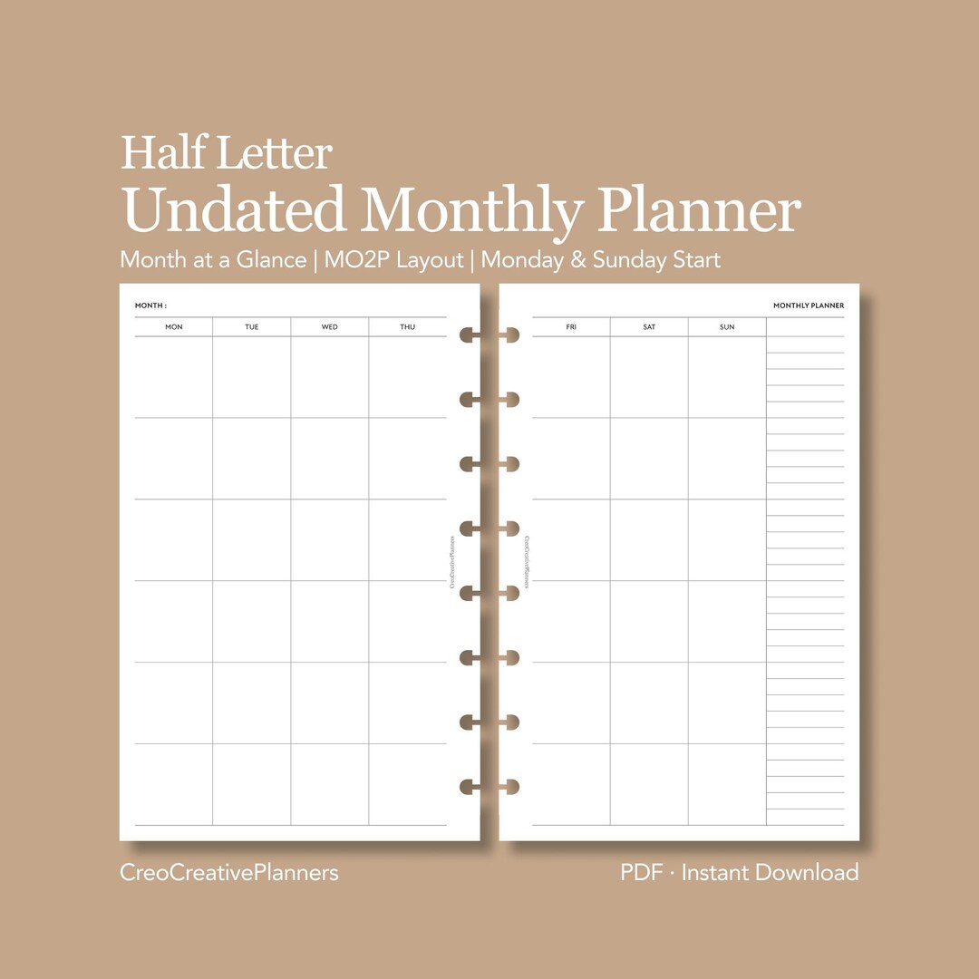 Half Letter Undated Monthly Planner Insert Printable With Notes Two ...