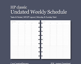 Planificador semanal por horas HP Classic sin fecha, imprimible, con bloqueo de tiempo, minimalista, descarga en PDF