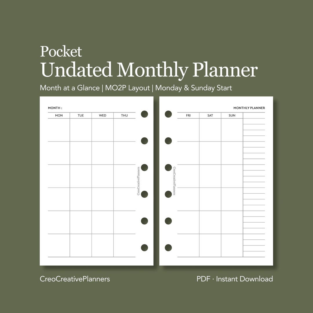 Pocket Undated Monthly Planner Insert Printable With Notes Two Page ...
