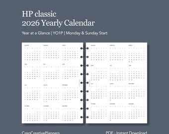 Calendario anual HP Classic 2026 imprimible de una página con vista general del año