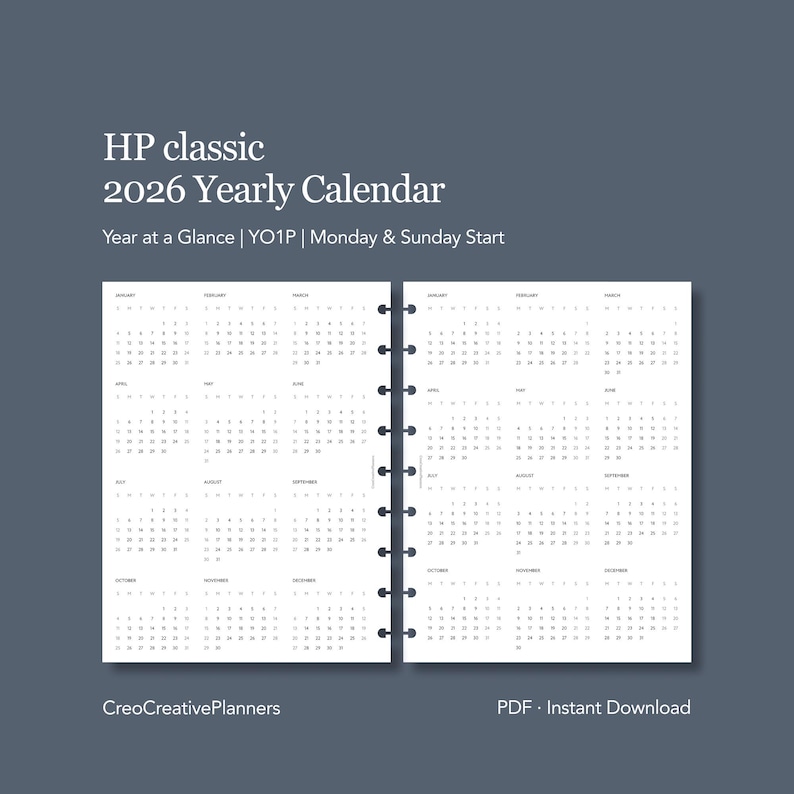 HP Classic 2026 Yearly Calendar Printable One Page Year at a Glance ...