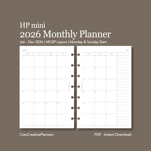 May include: A white 2026 monthly planner with a minimalist design. The planner is labeled "HP mini" and includes the text "2026 Monthly Planner" and "Jan - Dec 2026." The planner has a Monday & Sunday start and is a PDF instant download.