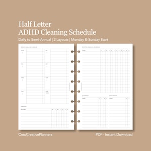 Puede incluir: Un calendario de limpieza ADHD de media carta blanco con dos diseños, diseñado para uso diario a semestral. El calendario incluye secciones para tareas semanales y mensuales, con inicio el lunes y el domingo. El texto incluye "Half Letter ADHD Cleaning Schedule".