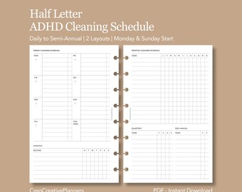 May include: A white, half-letter ADHD cleaning schedule with two layouts, designed for daily to semi-annual use. The schedule includes sections for weekly and monthly tasks, with a Monday and Sunday start. Text on the page includes "Half Letter ADHD Cleaning Schedule".