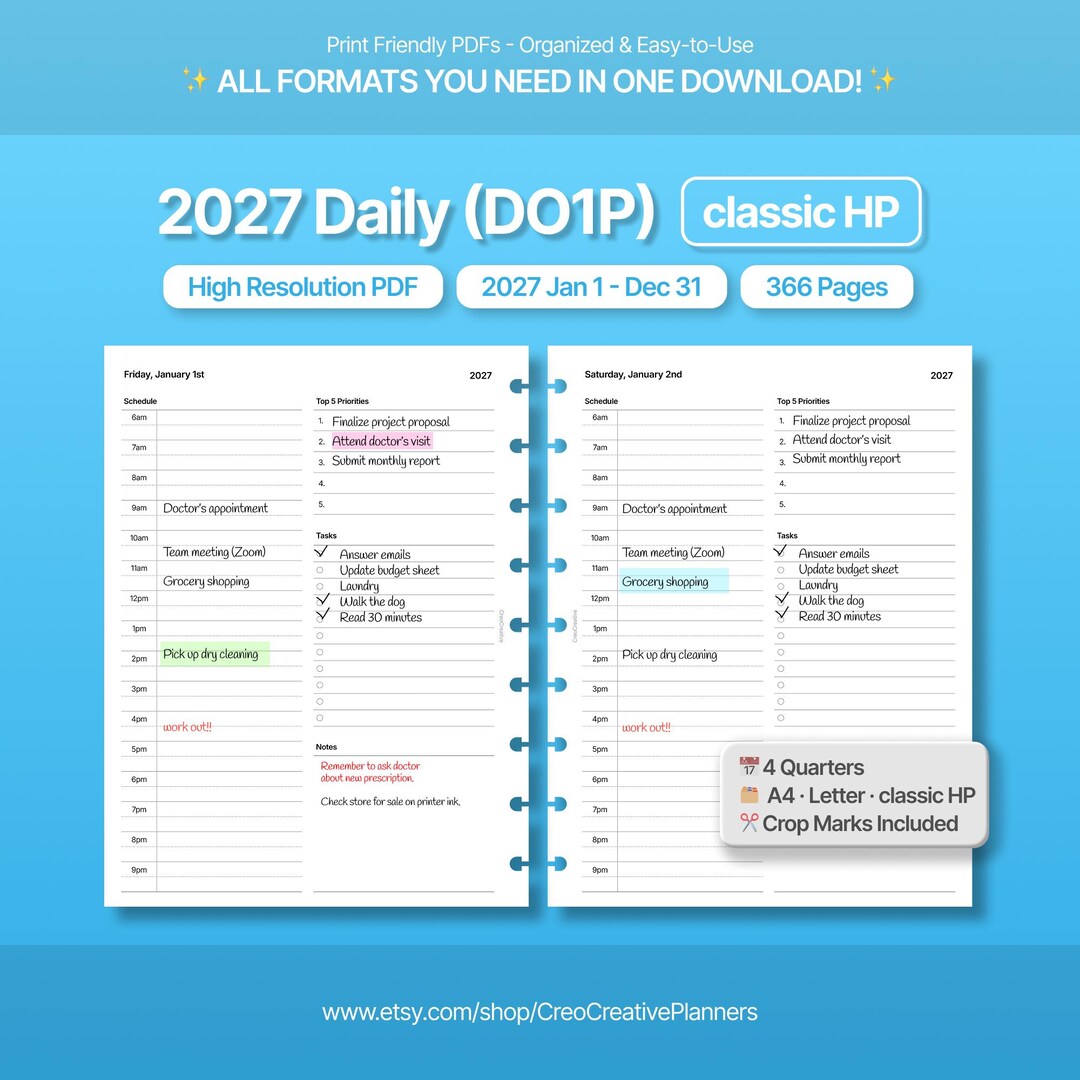 2027 DO1P Daily Planner Printable: Classic HP Planner Insert (digital