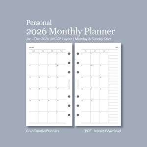 Puede incluir: Un planificador mensual blanco de 2026 con inicio en lunes y domingo, con un diseño MO2P. El planificador incluye páginas de calendario de enero a diciembre. El texto en la imagen dice "Personal 2026 Monthly Planner" y "PDF - Instant Download."