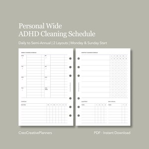 May include: A white planner insert with the text "Personal Wide ADHD Cleaning Schedule." The insert includes weekly and monthly cleaning schedules, with a Monday and Sunday start. The text "PDF - Instant Download" is also visible.