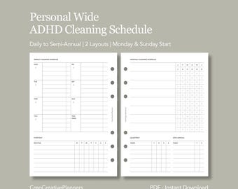 May include: A white planner insert with the text "Personal Wide ADHD Cleaning Schedule." The insert includes weekly and monthly cleaning schedules, with a Monday and Sunday start. The text "PDF - Instant Download" is also visible.