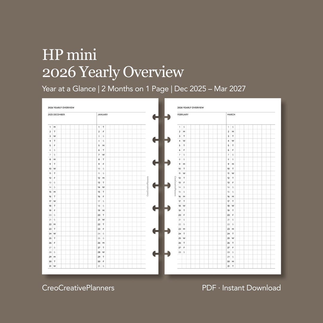 HP Mini 2026 Yearly Overview Two Months per Page Insert Year at a ...