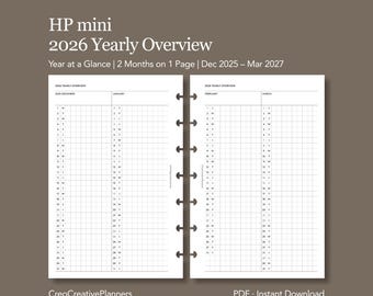 Resumen anual de HP mini 2026 (dos meses por página) Insertar Año de un vistazo