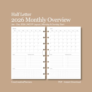 Könnte beinhalten: Eine weiße Planerseite mit einem monatlichen Überblick 2026. Der Planer enthält Kalender für Februar und März mit Platz für Aufgaben, wichtige Daten und Notizen. Der Text "Half Letter 2026 Monthly Overview" steht oben.