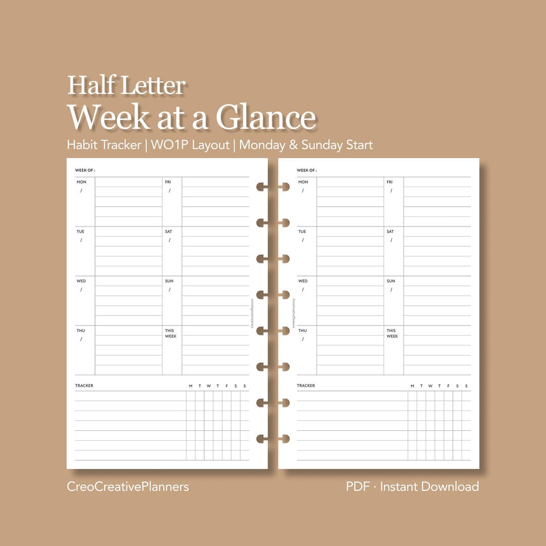 Half Letter Week at a Glance Planner Insert Printable One Page Weekly ...
