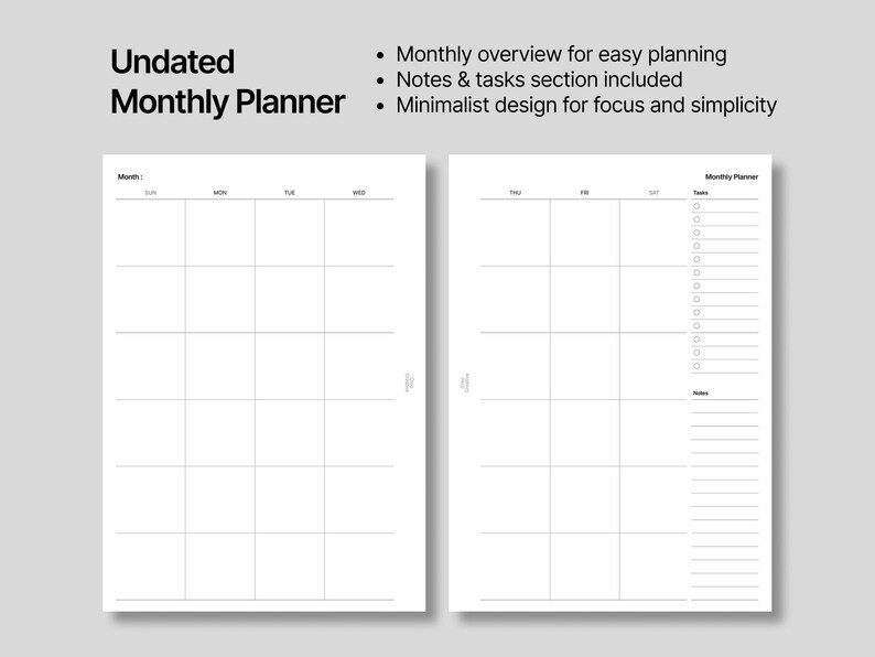 A5 Size Printable Monthly Planner Insert : Undated 2-page Calendar ...
