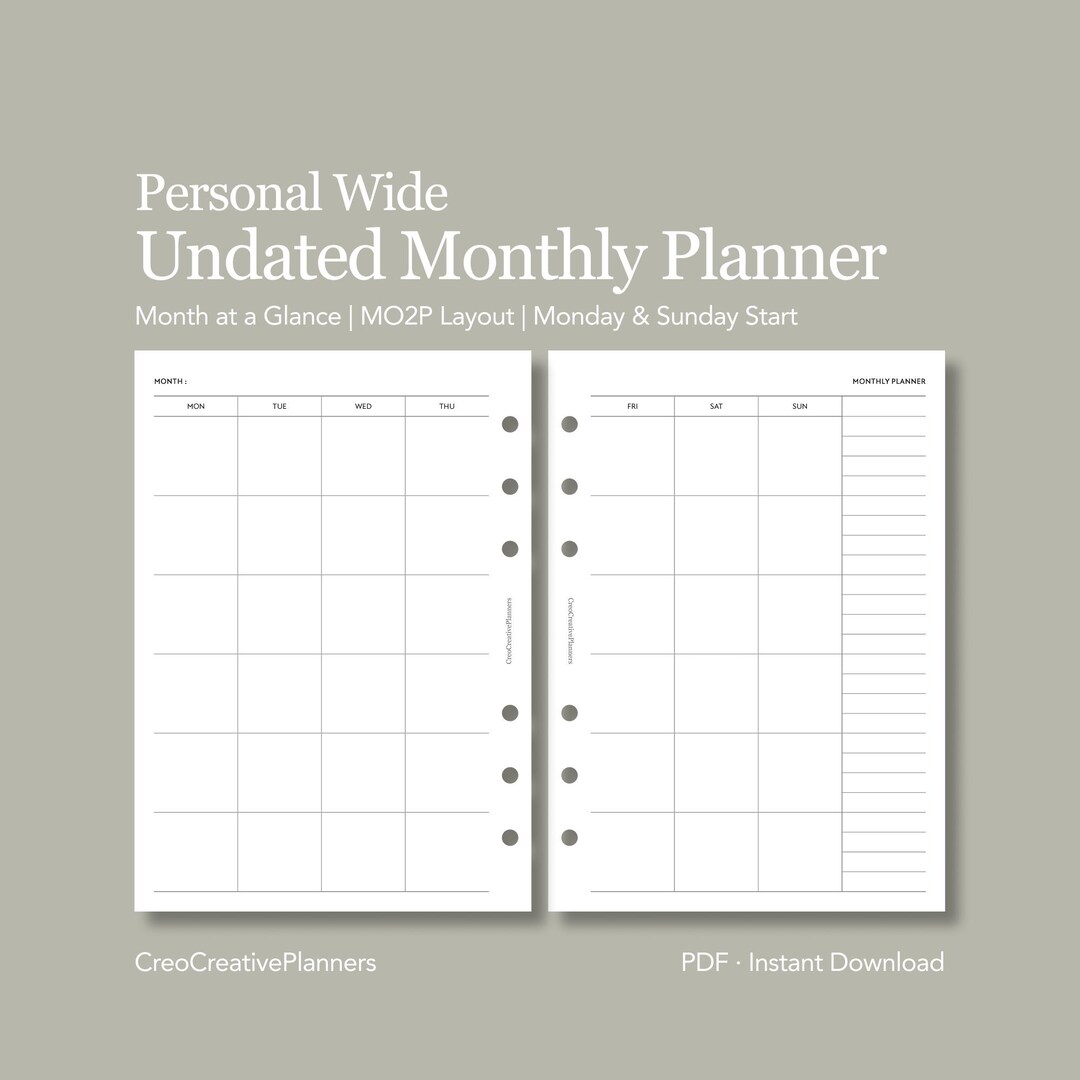 Personal Wide Undated Monthly Planner Insert Printable With Notes Two ...