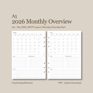 Könnte beinhalten: A5 2026 Monthly Overview Planerseiten. Die Seiten enthalten ein monatliches Kalenderlayout für Januar bis Dezember 2026, mit Platz für Aufgaben, wichtige Daten und Notizen. Der Text "CreoCreativePlanners" und "PDF - Instant Download" sind sichtbar.