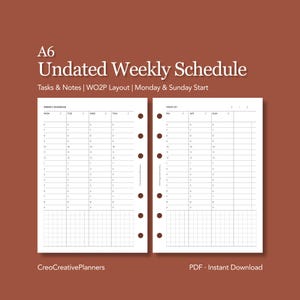 May include: A6 undated weekly schedule planner pages with a WO2P layout. The pages are white with black text and grid lines. The planner includes sections for tasks and notes, with a Monday and Sunday start. The text "CreoCreativePlanners" and "PDF - Instant Download" are visible.
