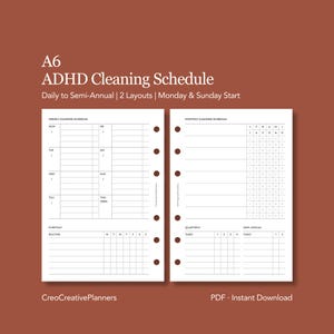 May include: A6 ADHD Cleaning Schedule planner with two layouts, daily to semi-annual, with Monday and Sunday start. The planner includes weekly and monthly cleaning schedules. The text "CreoCreativePlanners" and "PDF - Instant Download" are visible.