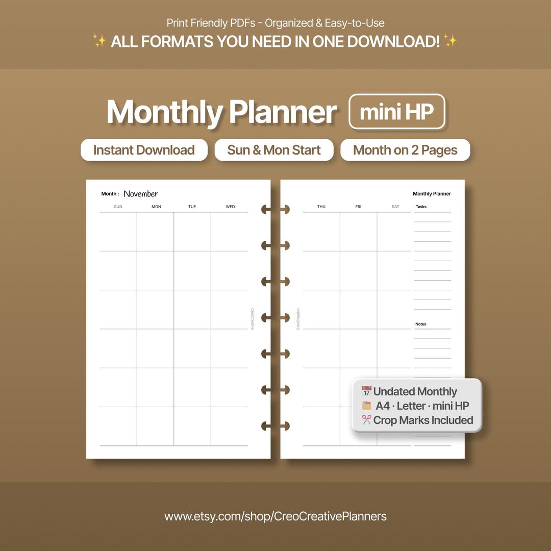 Mini HP Size Printable Monthly Planner Insert : Undated 2-page Calendar ...