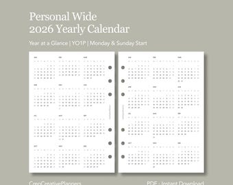 Calendario anual personal de una página para imprimir (2026). Planificador con vista general del año.