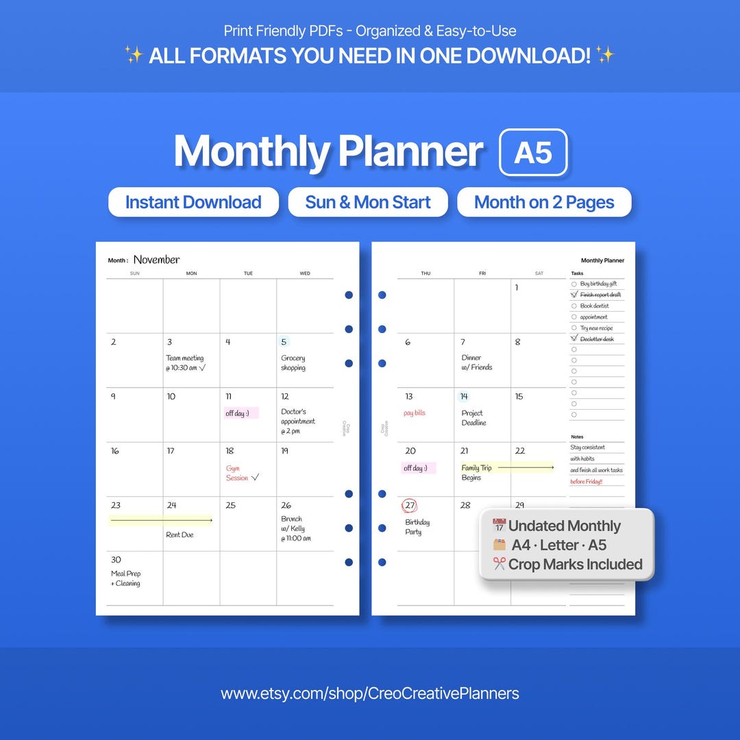 A5 Size Printable Monthly Planner Insert : Undated 2-page Calendar ...