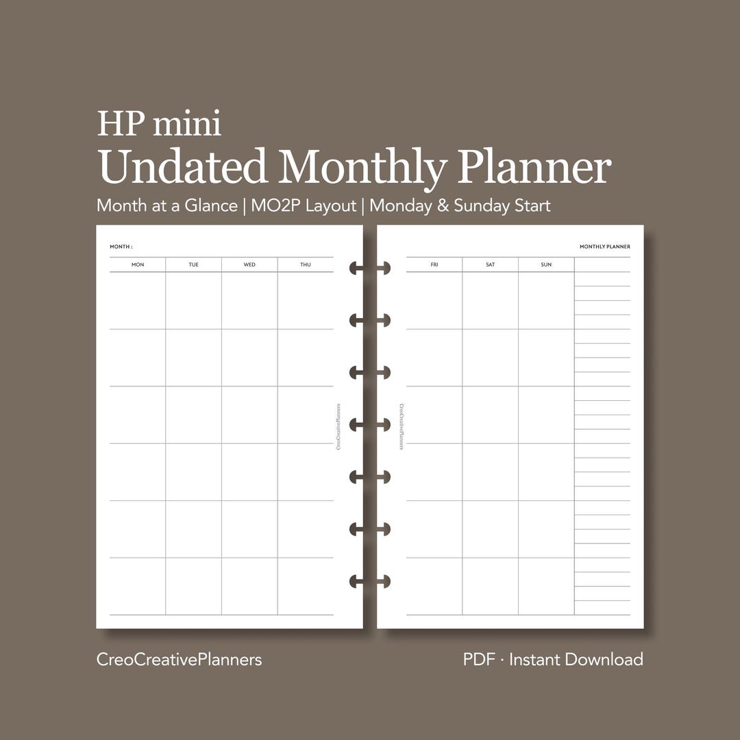 HP Mini Undated Monthly Planner Insert Printable With Notes Two Page ...