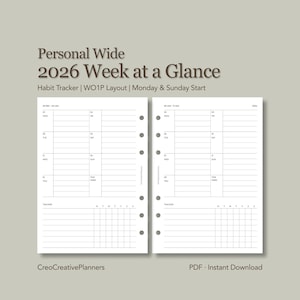 Puede incluir: Un inserto de planificador semanal 2026 blanco con un rastreador de hábitos. El planificador tiene un diseño de inicio de lunes y domingo. El texto "Personal Wide 2026 Week at a Glance" está en la parte superior. El planificador es una descarga instantánea en PDF.