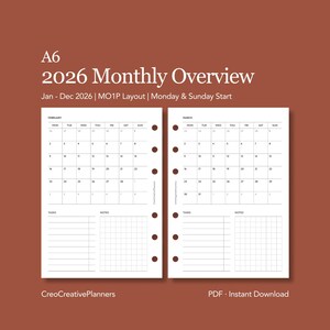 May include: A6 size 2026 monthly overview planner pages. The white pages feature a calendar layout for February and March, with space for tasks and notes. The text includes "Jan - Dec 2026 | MO1P Layout | Monday & Sunday Start". The background is a solid brown.