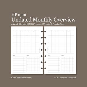 Puede incluir: Una página de planificador mensual sin fecha en blanco con un diseño de cuadrícula para tareas y notas. El texto "HP mini Undated Monthly Overview" está en la parte superior. El planificador está diseñado para un período de 6 semanas.