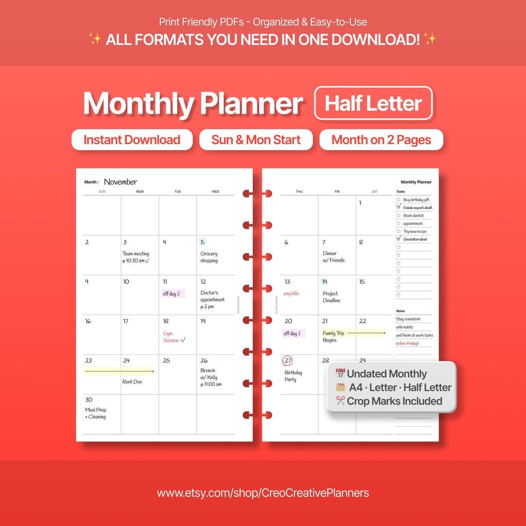 Half Letter Size Printable Monthly Planner Insert : Undated 2-page ...