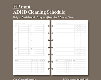 May include: A white HP mini ADHD cleaning schedule planner with a brown background. The planner includes weekly, monthly, quarterly, and semi-annual layouts. Text includes "Daily to Semi-Annual | 2 Layouts | Monday & Sunday Start" and "PDF - Instant Download."