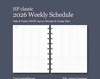 HP classic 2026 Weekly Planner Insert Printable Hourly Schedule with Notes and Tasks Minimalist