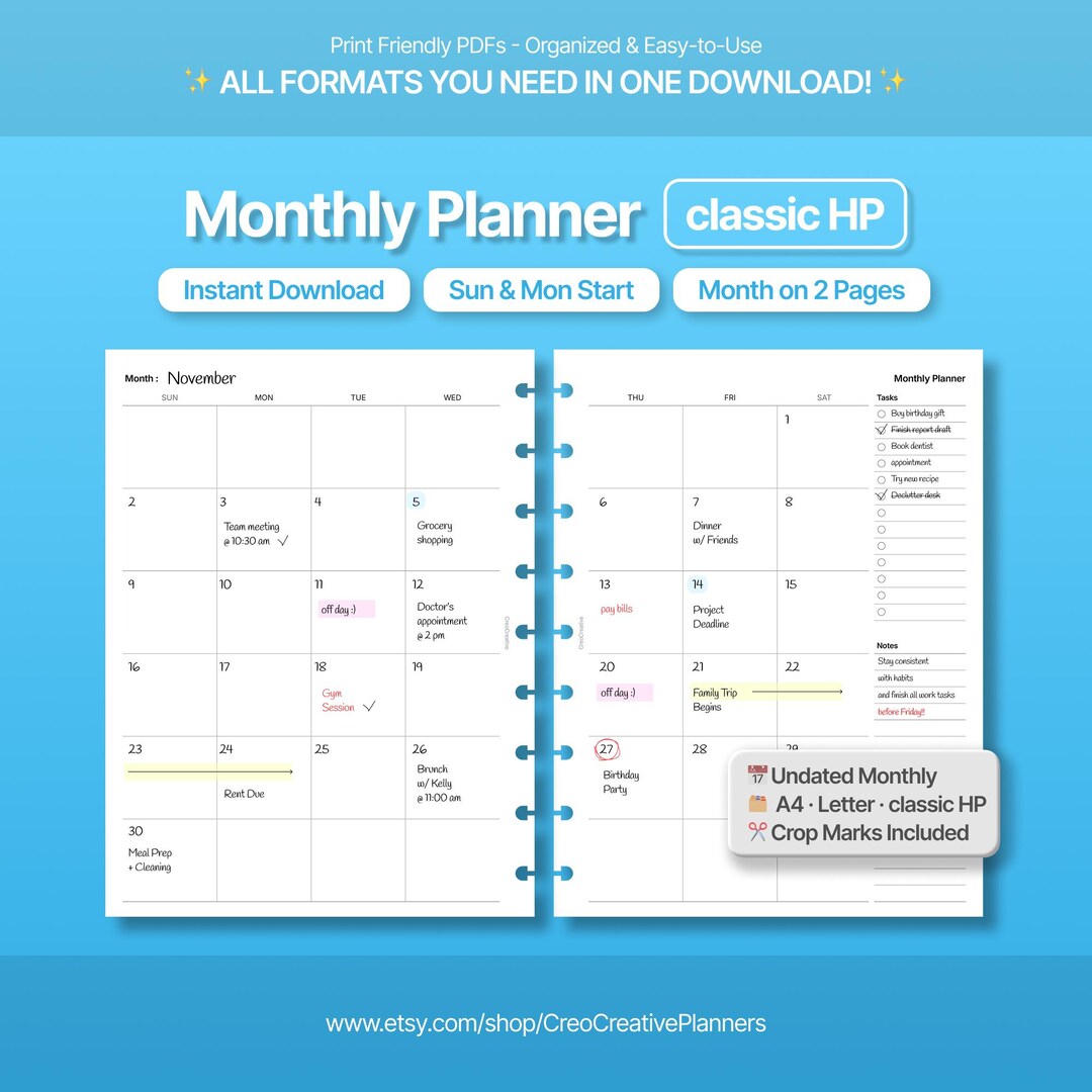 Classic HP Size Printable Monthly Planner Insert : Undated 2-page ...