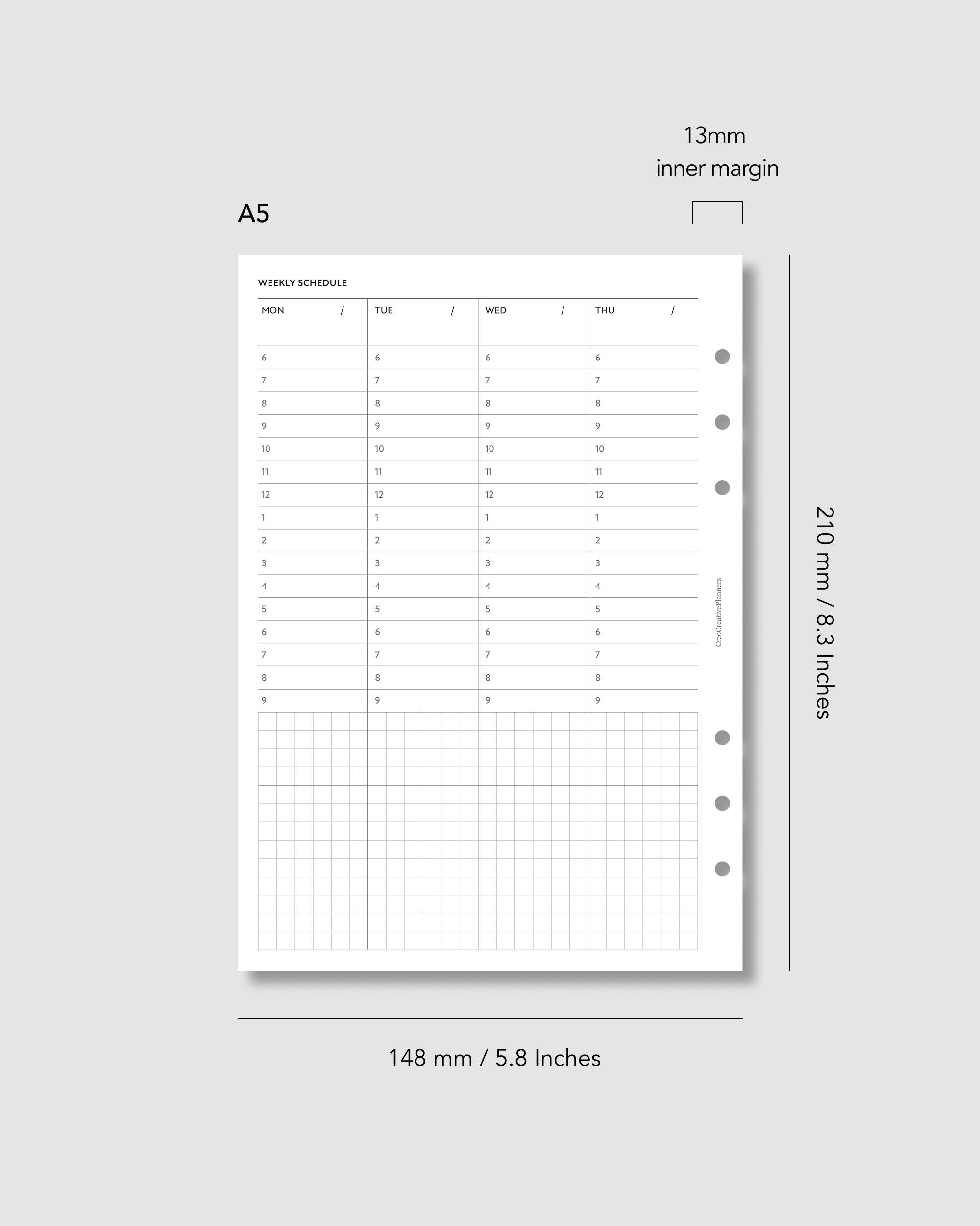 A5 Undated Weekly Hourly Planner Insert Printable Time Blocking ...