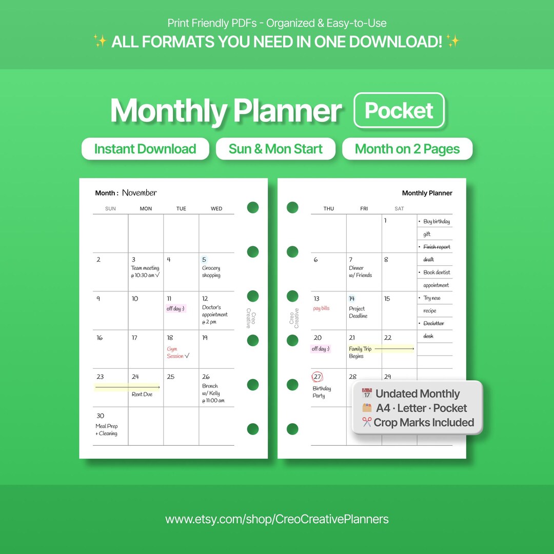 Pocket Size Printable Monthly Planner Insert : Undated 2-page Calendar ...