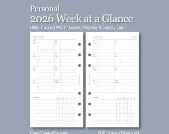 May include: A white planner insert with a weekly layout for 2026, featuring a habit tracker. The text includes "Personal 2026 Week at a Glance" and "Habit Tracker." The design includes Monday & Sunday start dates and is a PDF instant download.