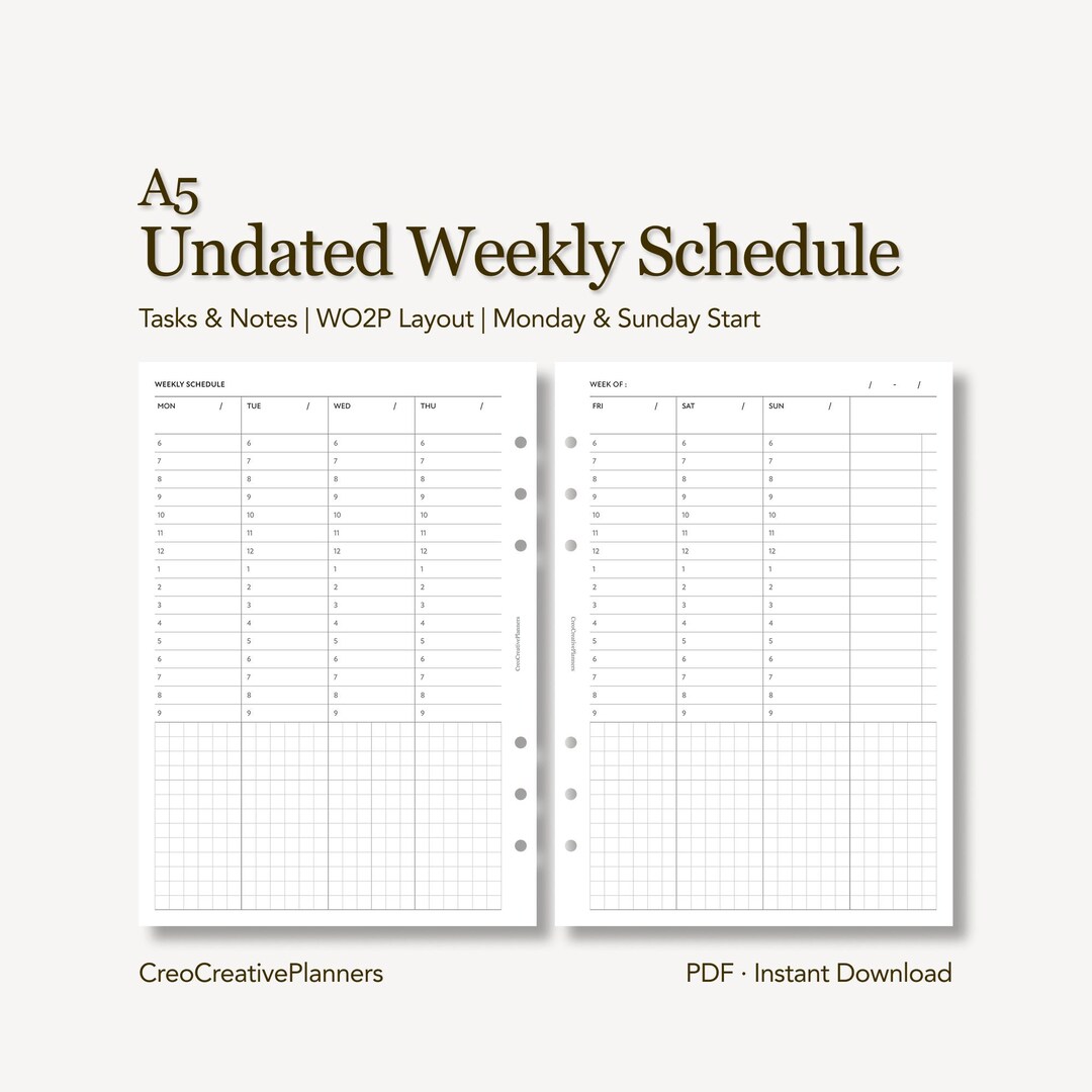A5 Undated Weekly Hourly Planner Insert Printable Time Blocking ...