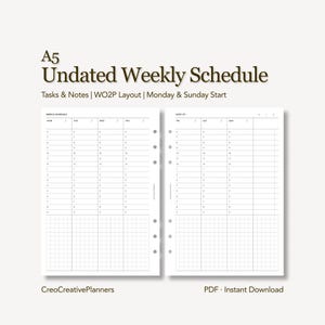 Può includere: Planner settimanale A5 non datato con layout attività e note. Il planner include un inizio lunedì e domenica. Il planner è un download istantaneo PDF.